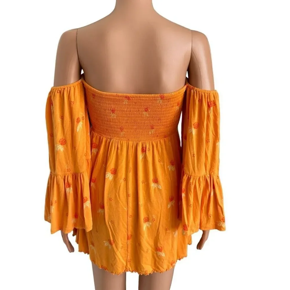 Free People Womens Lana Orange Floral Smocked Blouse Top size S